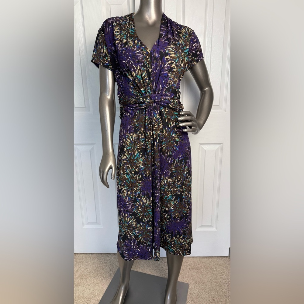 London Times Womens Sz 14 Purple Floral V-Neck Twist Front A-Line Midi‎ Dress